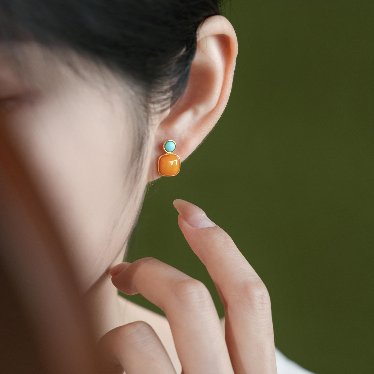Amber & Turquoise Cushion Stud Earrings | Gold-Plated Silver Earrings ER12