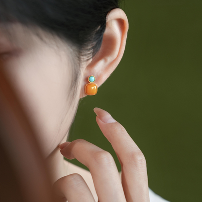 Amber & Turquoise Cushion Stud Earrings | Gold-Plated Silver Earrings ER12