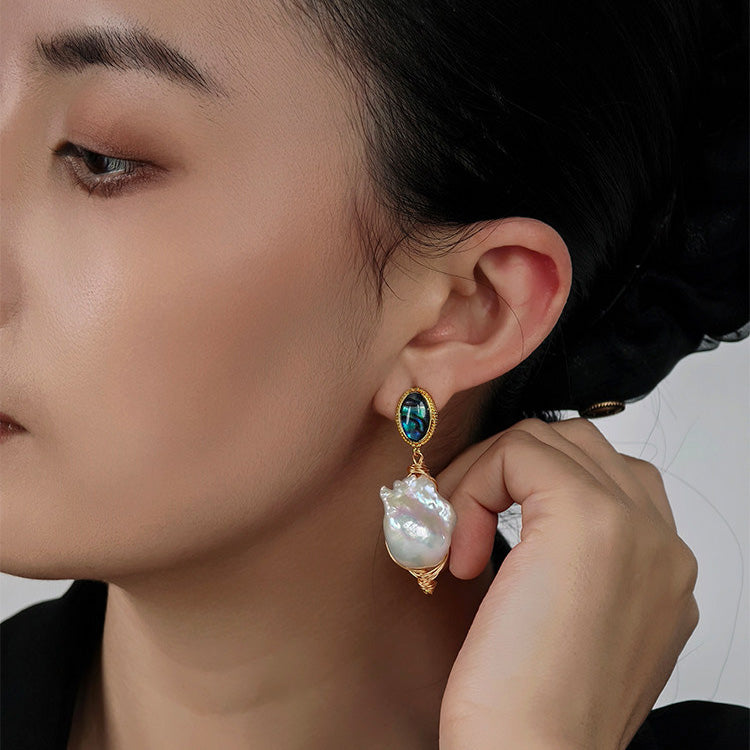 Artisan Baroque Pearl Abalone Shell Earrings – 22K Gold Wire Wrap | iBrilliance