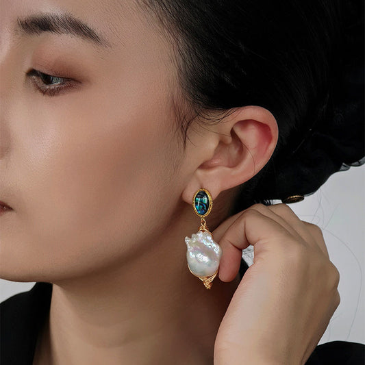 Artisan Baroque Pearl Abalone Shell Earrings – 22K Gold Wire Wrap | iBrilliance