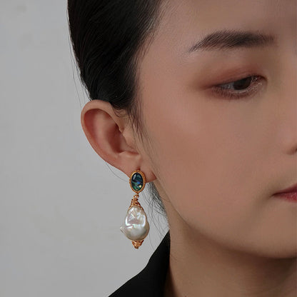 Artisan Baroque Pearl Abalone Shell Earrings – 22K Gold Wire Wrap | iBrilliance