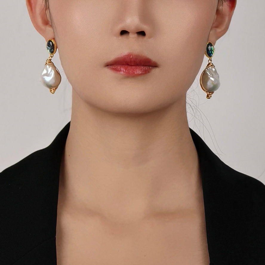 Artisan Baroque Pearl Abalone Shell Earrings – 22K Gold Wire Wrap | iBrilliance