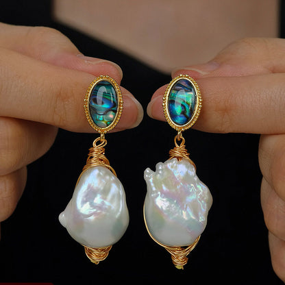 Artisan Baroque Pearl Abalone Shell Earrings – 22K Gold Wire Wrap | iBrilliance