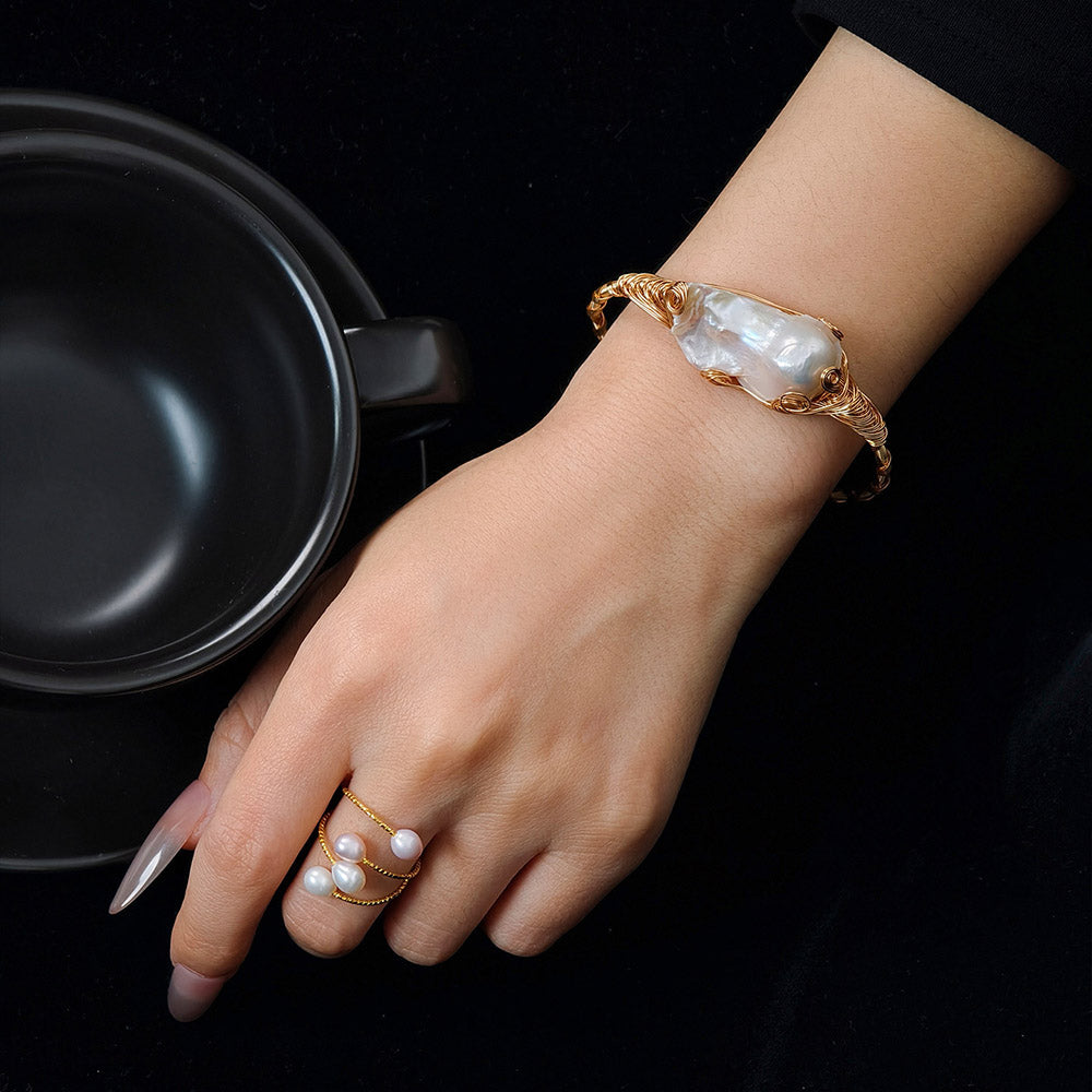 Artisan Baroque Pearl Bangle – Vintage Gold Wire Wrap | iBrilliance