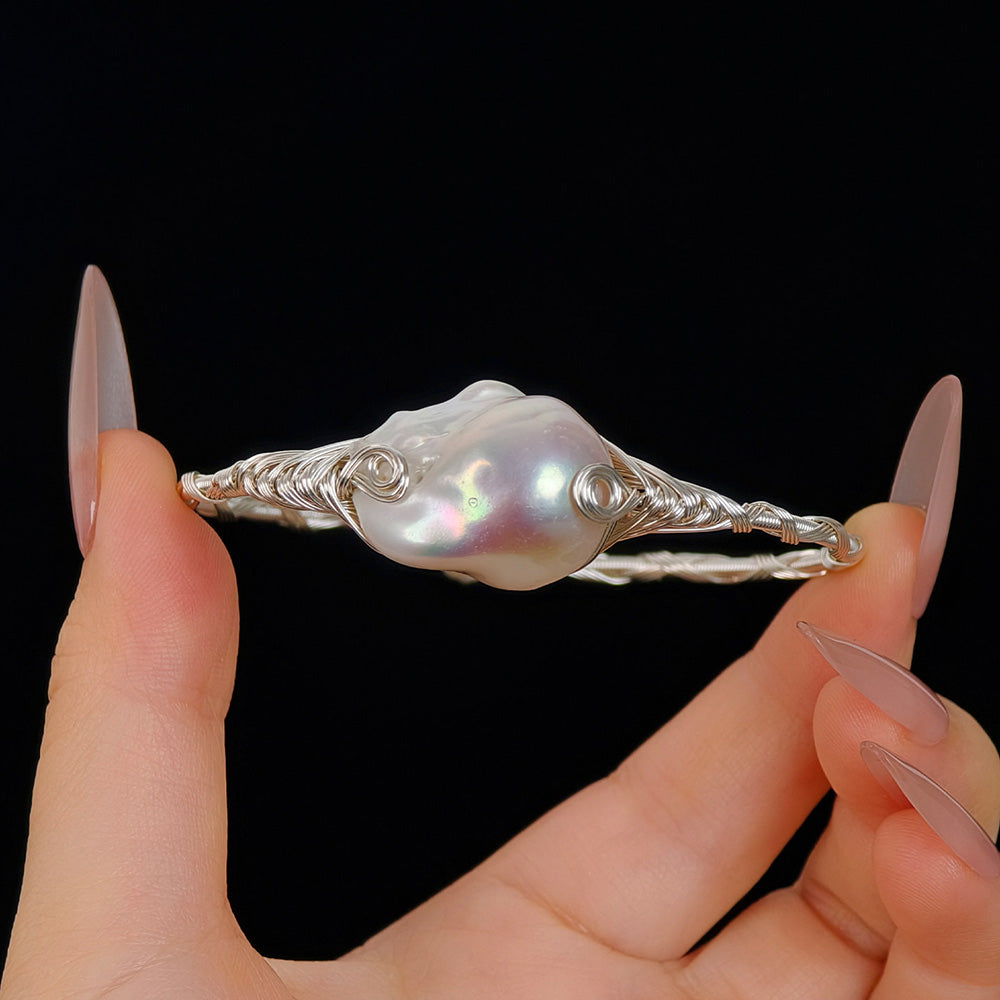 Artisan Baroque Pearl Bangle – Vintage Gold Wire Wrap | iBrilliance