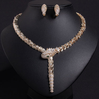 Fashionable micro-inlaid zircon snake necklace earring jewelry set banquet high-end snake necklace earrings