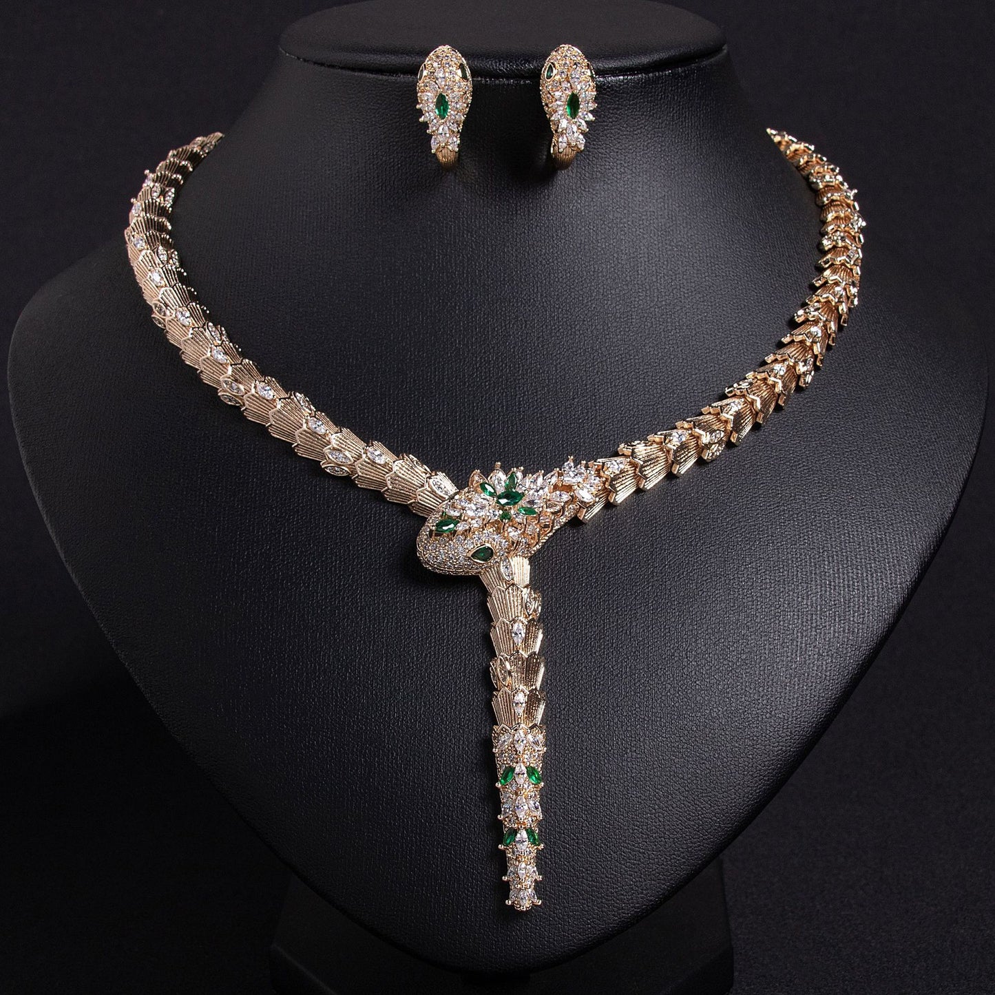 Fashionable micro-inlaid zircon snake necklace earring jewelry set banquet high-end snake necklace earrings