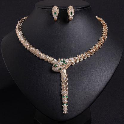Fashionable micro-inlaid zircon snake necklace earring jewelry set banquet high-end snake necklace earrings