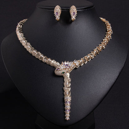 Fashionable micro-inlaid zircon snake necklace earring jewelry set banquet high-end snake necklace earrings