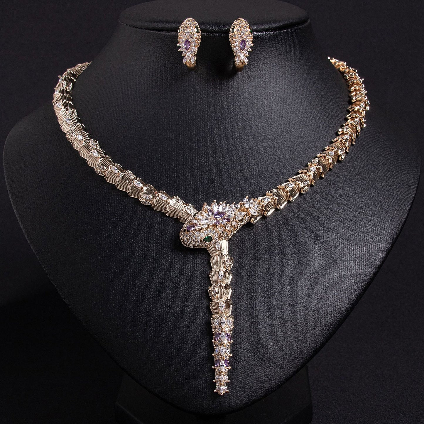 Fashionable micro-inlaid zircon snake necklace earring jewelry set banquet high-end snake necklace earrings