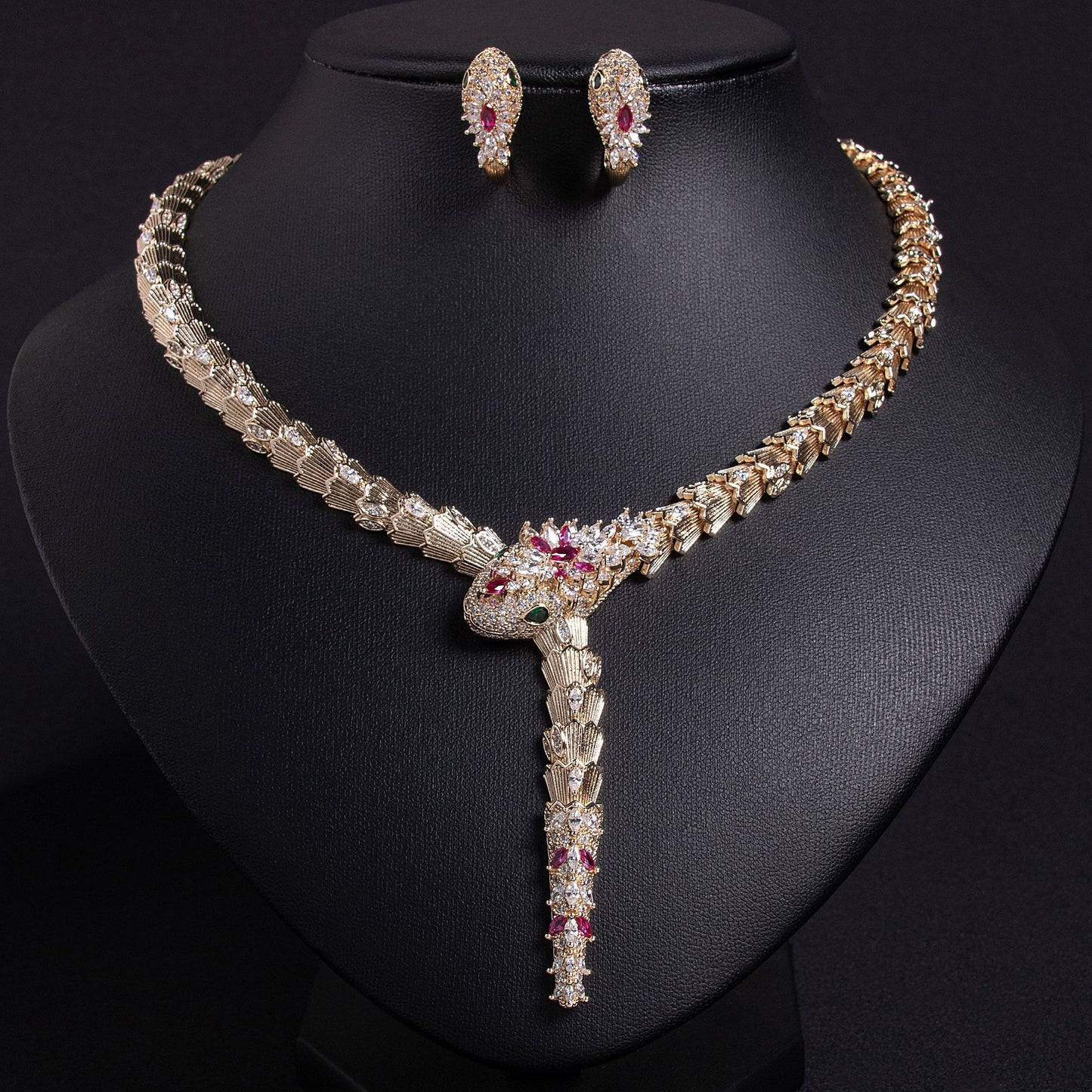 Fashionable micro-inlaid zircon snake necklace earring jewelry set banquet high-end snake necklace earrings