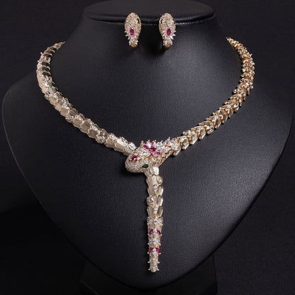 Fashionable micro-inlaid zircon snake necklace earring jewelry set banquet high-end snake necklace earrings