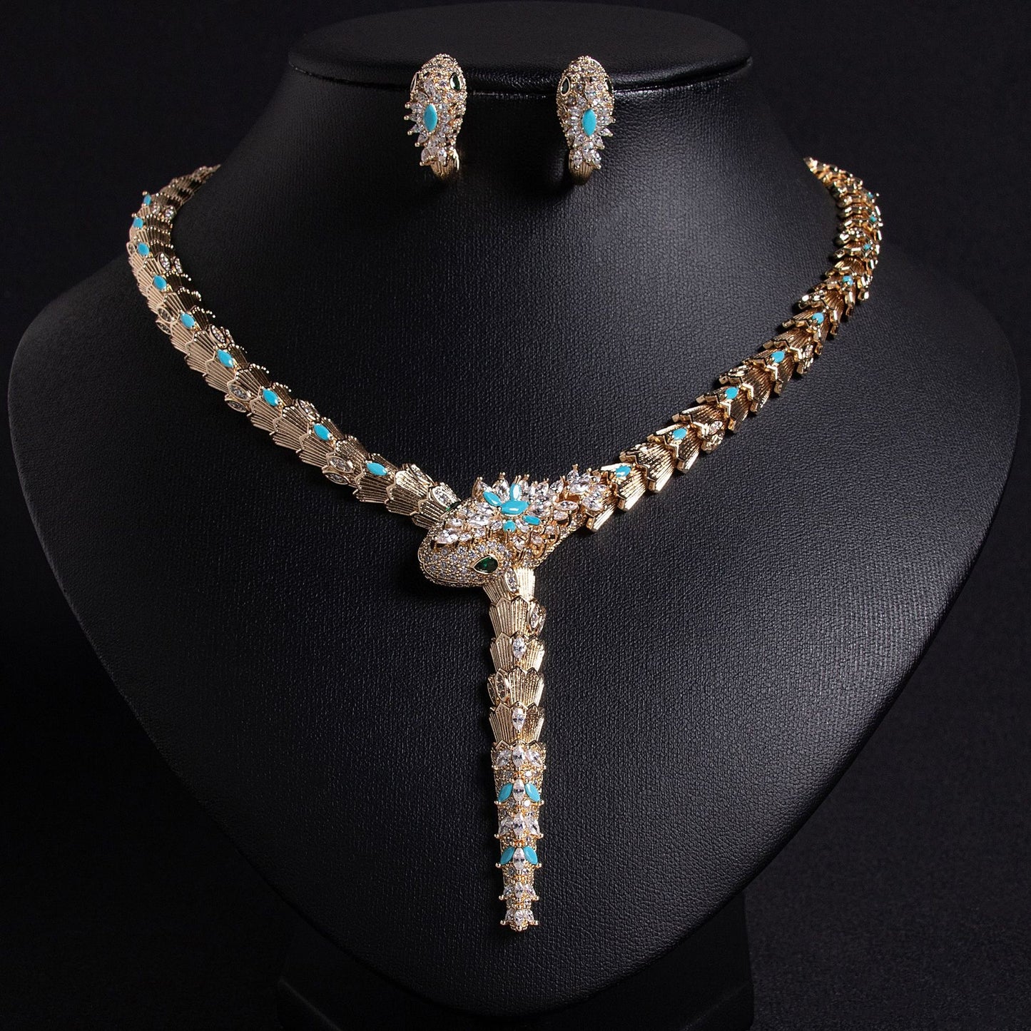 Fashionable micro-inlaid zircon snake necklace earring jewelry set banquet high-end snake necklace earrings