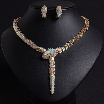 Fashionable micro-inlaid zircon snake necklace earring jewelry set banquet high-end snake necklace earrings