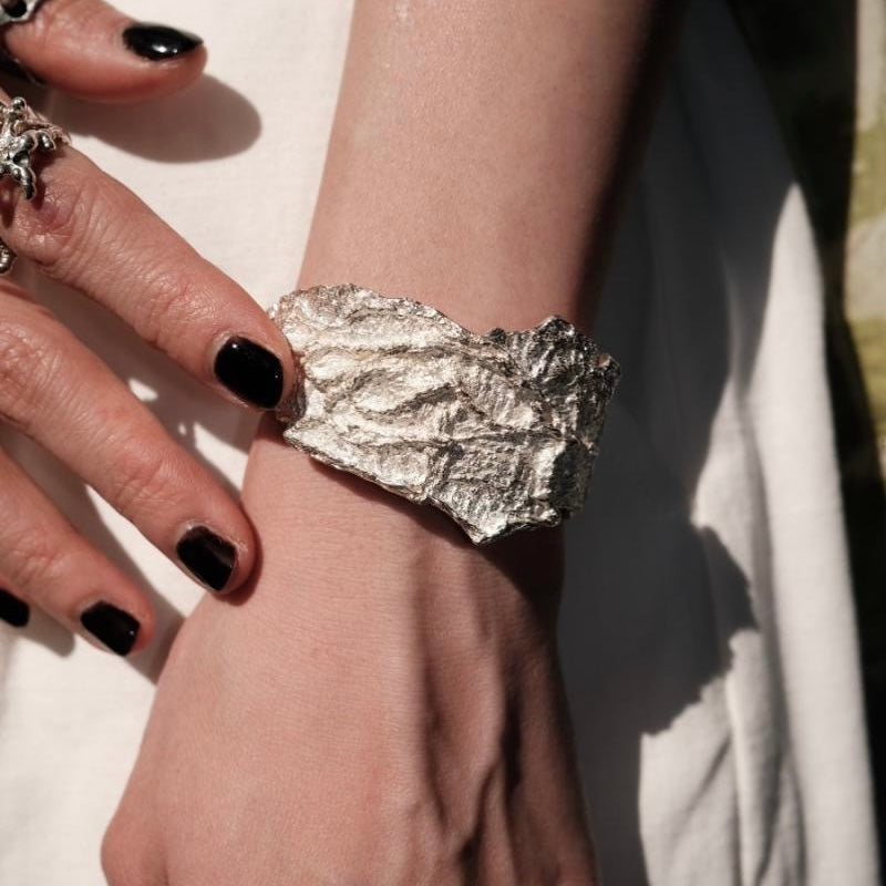 Niche designer pure handmade s925 silver irregular wide surface heavy texture bracelet