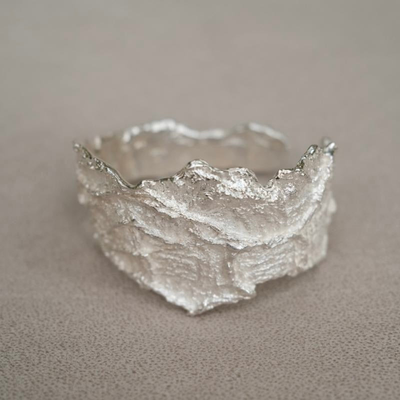 Niche designer pure handmade s925 silver irregular wide surface heavy texture bracelet