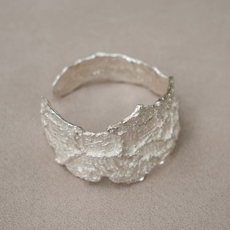 Niche designer pure handmade s925 silver irregular wide surface heavy texture bracelet