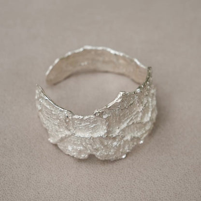 Niche designer pure handmade s925 silver irregular wide surface heavy texture bracelet