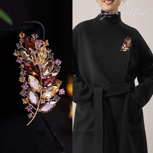High-grade retro luxury leaf brooch versatile suit coat dress accessories colorful imitation crystal fashion brooch
