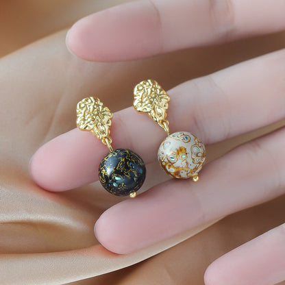 Intangible cultural heritage large lacquer beads new Chinese style earrings asymmetrical simple retro 925 silver needle niche design high-end earrings
