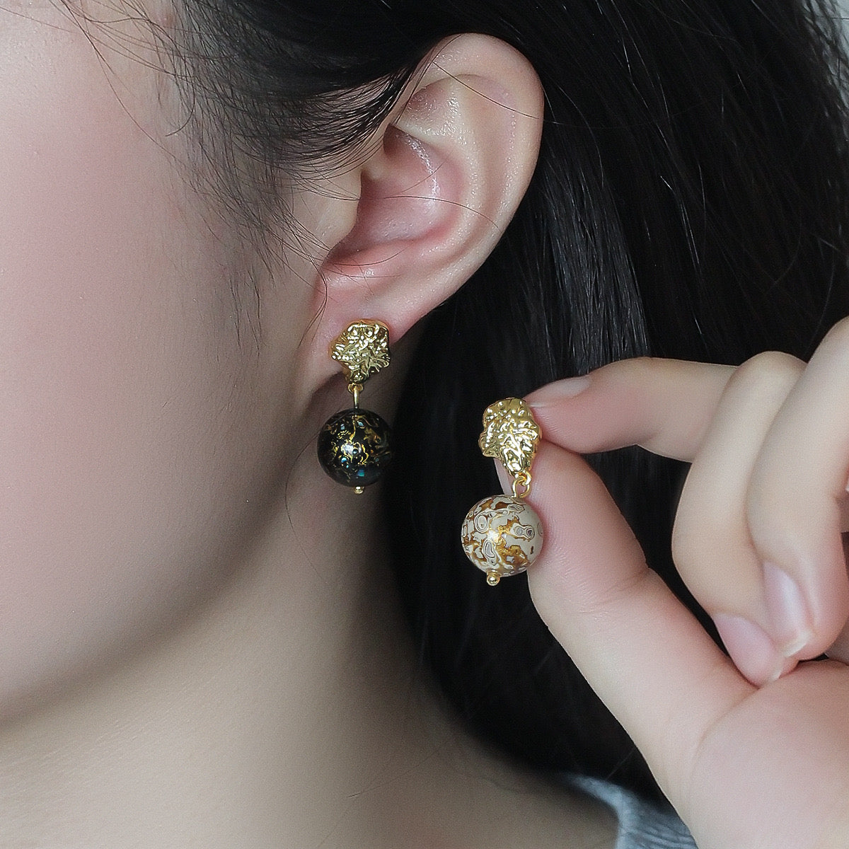 Intangible cultural heritage large lacquer beads new Chinese style earrings asymmetrical simple retro 925 silver needle niche design high-end earrings