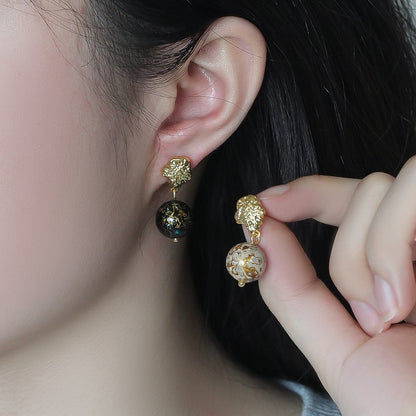 Intangible cultural heritage large lacquer beads new Chinese style earrings asymmetrical simple retro 925 silver needle niche design high-end earrings