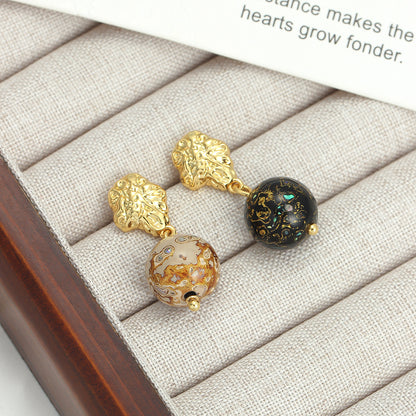 Intangible cultural heritage large lacquer beads new Chinese style earrings asymmetrical simple retro 925 silver needle niche design high-end earrings