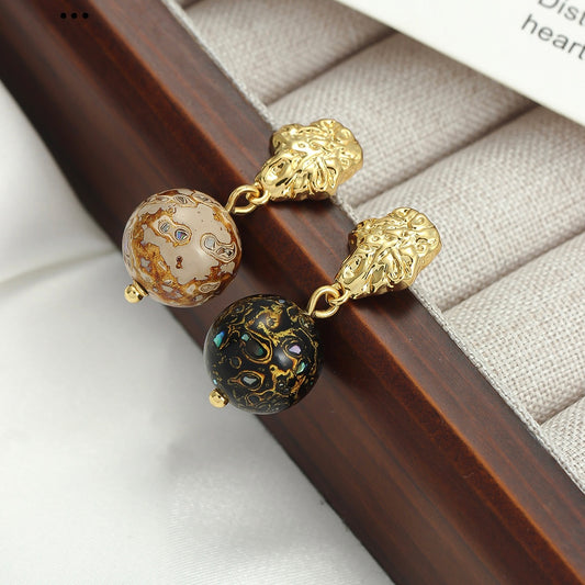 Intangible cultural heritage large lacquer beads new Chinese style earrings asymmetrical simple retro 925 silver needle niche design high-end earrings