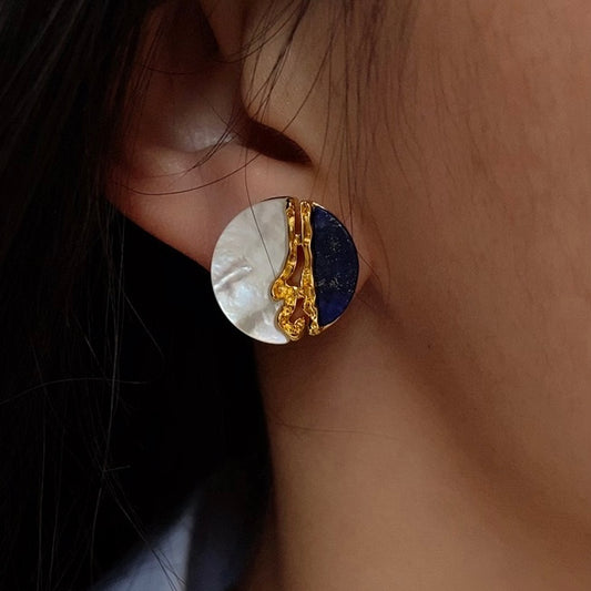 Lapis lazuli natural white mother-of-pearl earrings retro art light luxury high-end earrings earrings silver needle