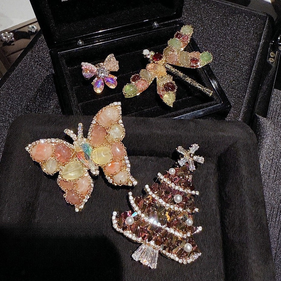 Vintage Dragonfly Butterfly Christmas Tree Brooch Gold Plated Zircon Pin