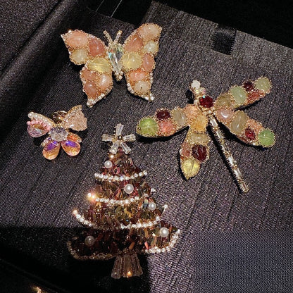 Vintage Dragonfly Butterfly Christmas Tree Brooch Gold Plated Zircon Pin