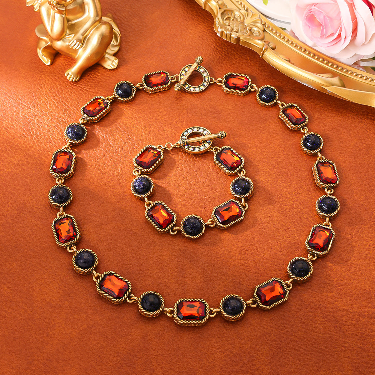 Vintage Turquoise Tea Color Necklace Round and Square Shaped Inlaid with Diamonds Layered Necklace, Palace Style Retro Jewelry Set Jewelry