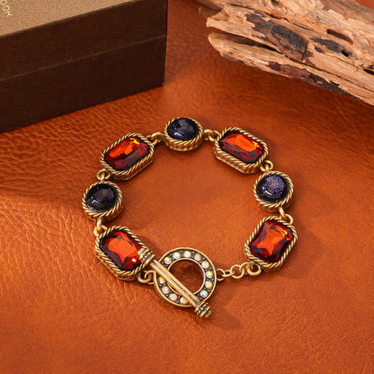 Vintage Turquoise Tea Color Necklace Round and Square Shaped Inlaid with Diamonds Layered Necklace, Palace Style Retro Jewelry Set Second-hand Blue Sand Crystal Stone Bracelet Jewelry