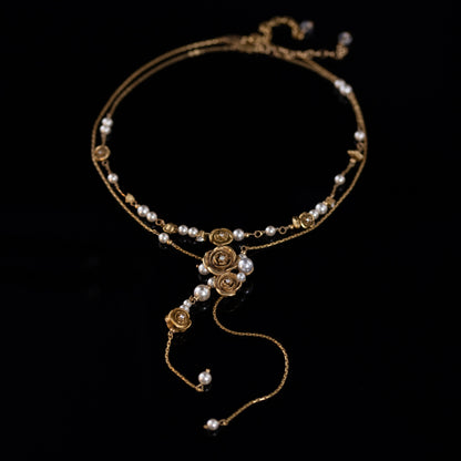 Vintage Copper Alloy Retro Champagne Rose Tassel Necklace