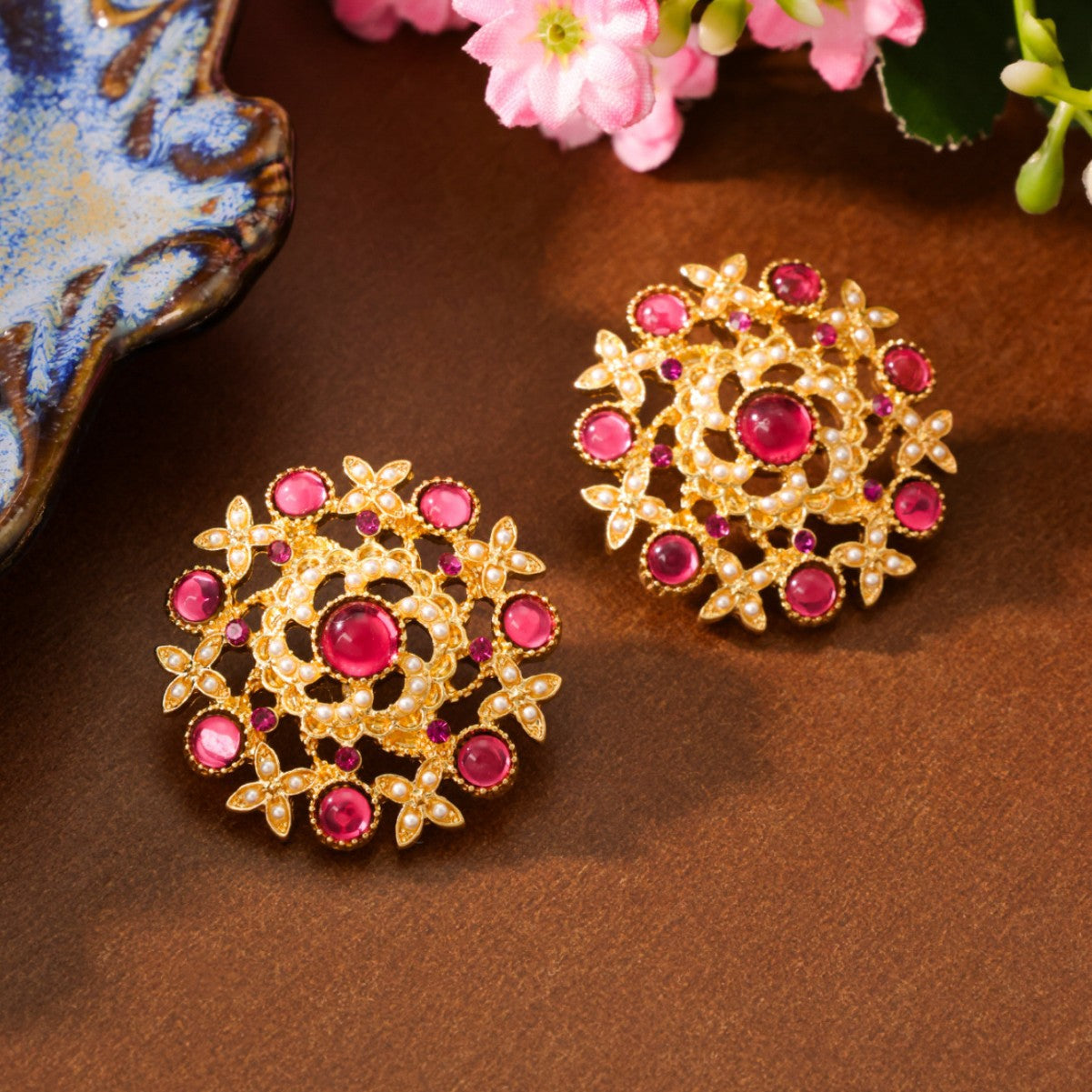 Pink Crystal Radiance: Vintage Round Hollow Earrings | iBrilliance