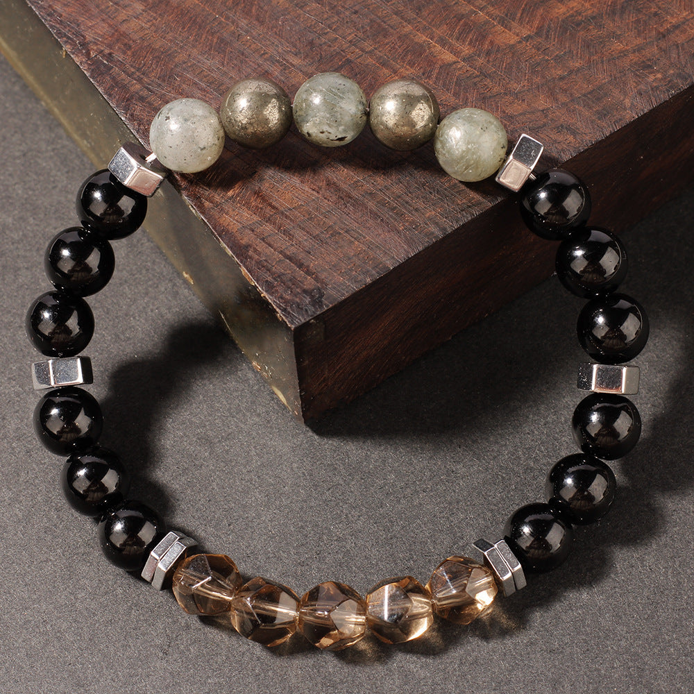 Natural Stone Bracelet Yellow Iron Ore Faceted Smoky Quartz Yellow Iron Ore Tea Crystal Sports Men's Beaded Bracelet