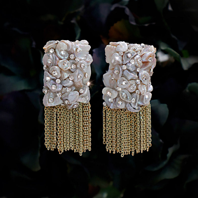Artisan Vintage Baroque Shell Pearl Crystal Tassel Earrings – Pierced & Clip-On | iBrilliance Earrings