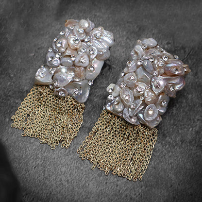 Artisan Vintage Baroque Shell Pearl Crystal Tassel Earrings – Pierced & Clip-On | iBrilliance Earrings