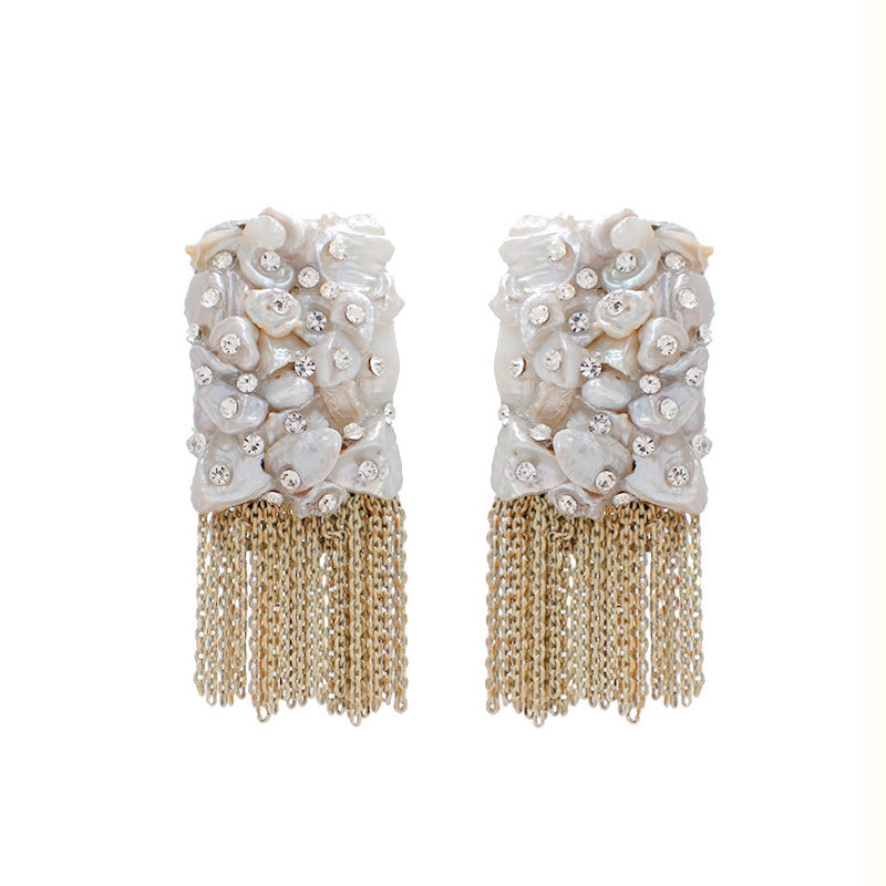 Artisan Vintage Baroque Shell Pearl Crystal Tassel Earrings – Pierced & Clip-On | iBrilliance Earrings