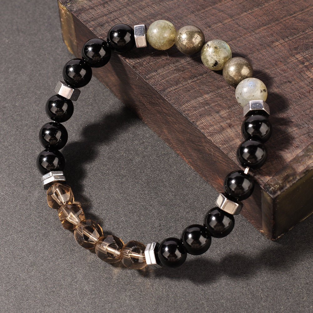 Natural Stone Bracelet Yellow Iron Ore Faceted Smoky Quartz Yellow Iron Ore Tea Crystal Sports Men's Beaded Bracelet