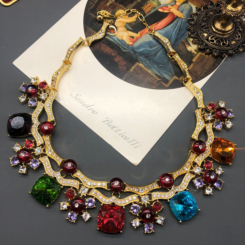 Vintage Colorful Faceted Gemstone Short Necklace Jewelry