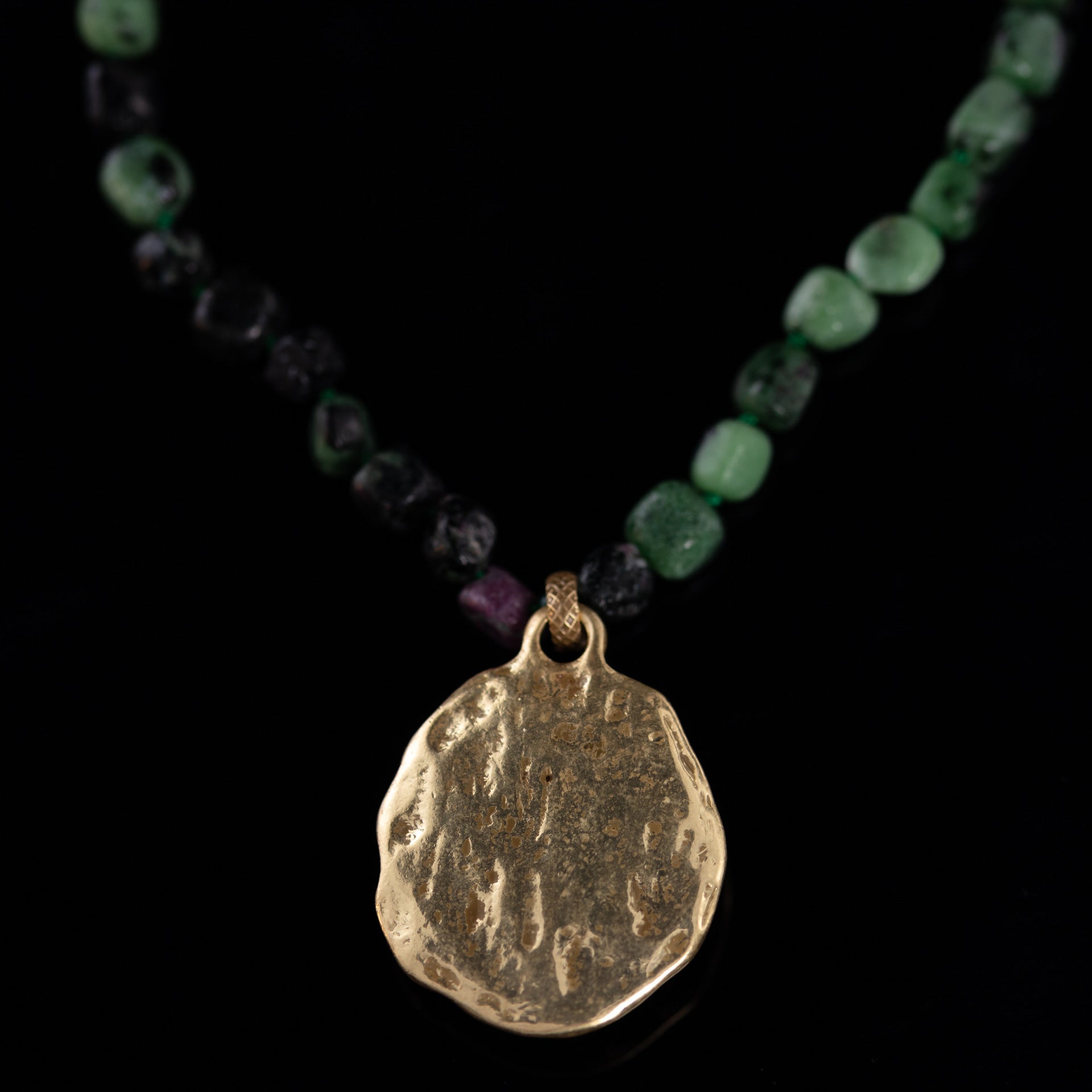 Vintage Antique Bronze Alloy Natural Green Gemstone Fragment Necklace