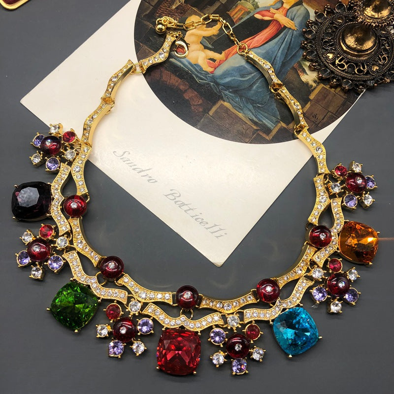 Vintage Colorful Faceted Gemstone Short Necklace Jewelry