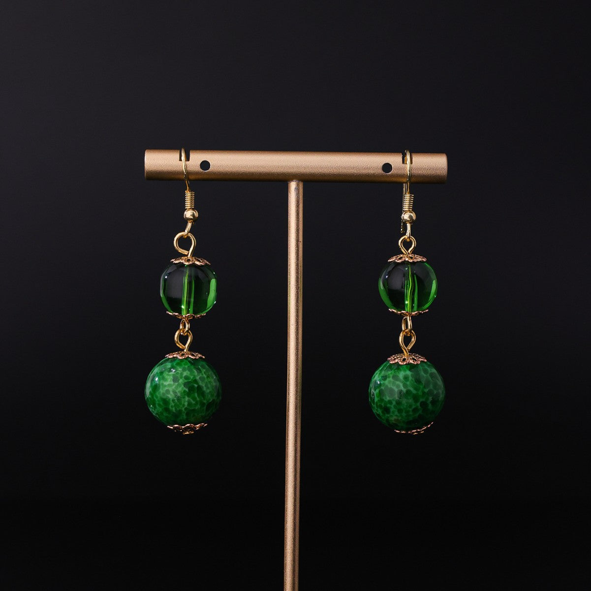 Vintage Handmade Glass Stud Earrings - Radiant Floral Allure | iBrilliance Green Double Beads Jewelry