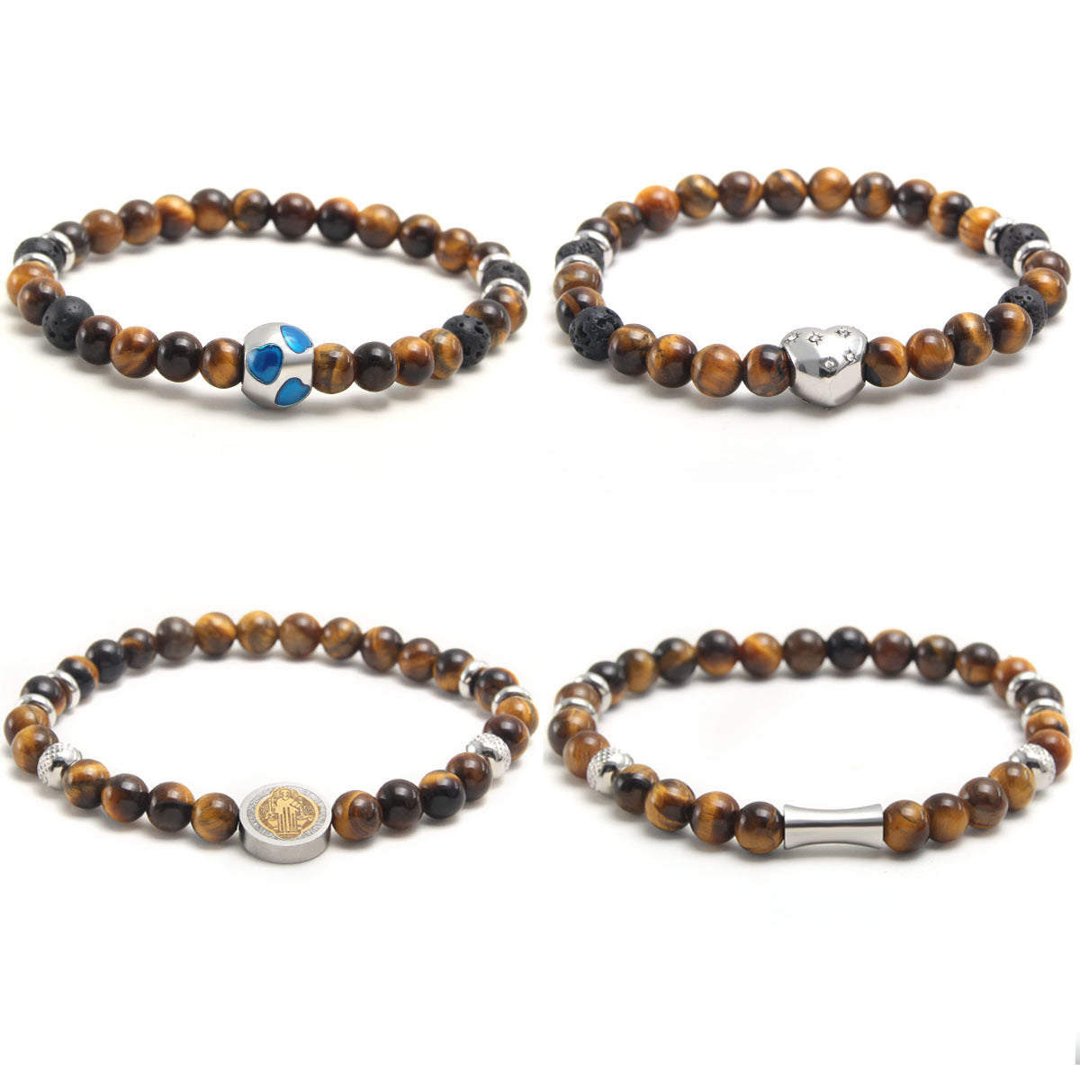 Crystal Tiger Eye Natural Stone Beaded Bracelet, Vintage Stainless Steel Bracelet
