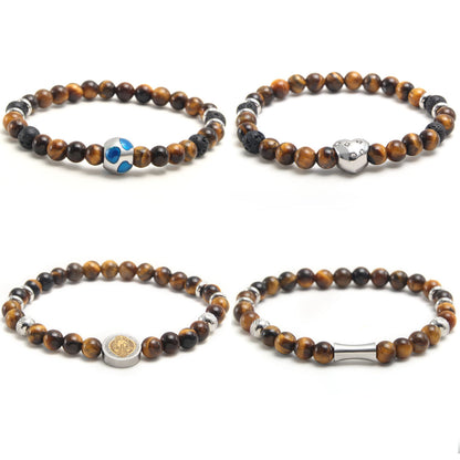 Crystal Tiger Eye Natural Stone Beaded Bracelet, Vintage Stainless Steel Bracelet