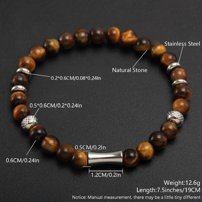 Crystal Tiger Eye Natural Stone Beaded Bracelet, Vintage Stainless Steel Bracelet NK07-4