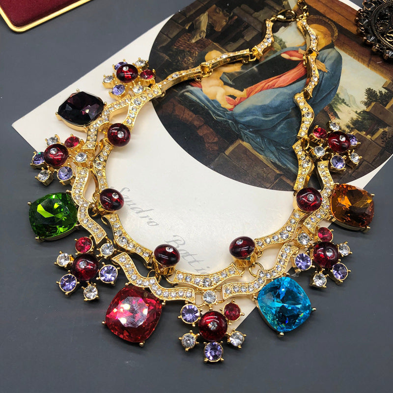 Vintage Colorful Faceted Gemstone Short Necklace Jewelry