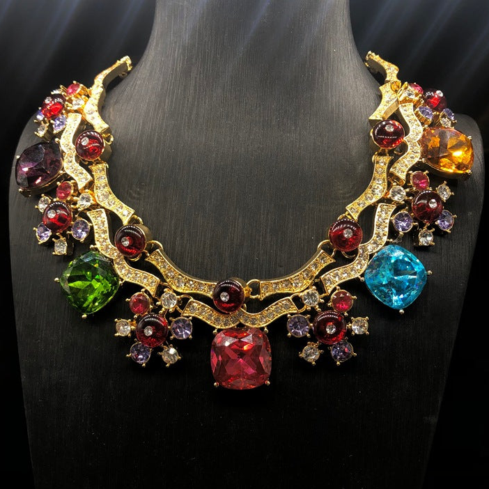 Vintage Colorful Faceted Gemstone Short Necklace Jewelry