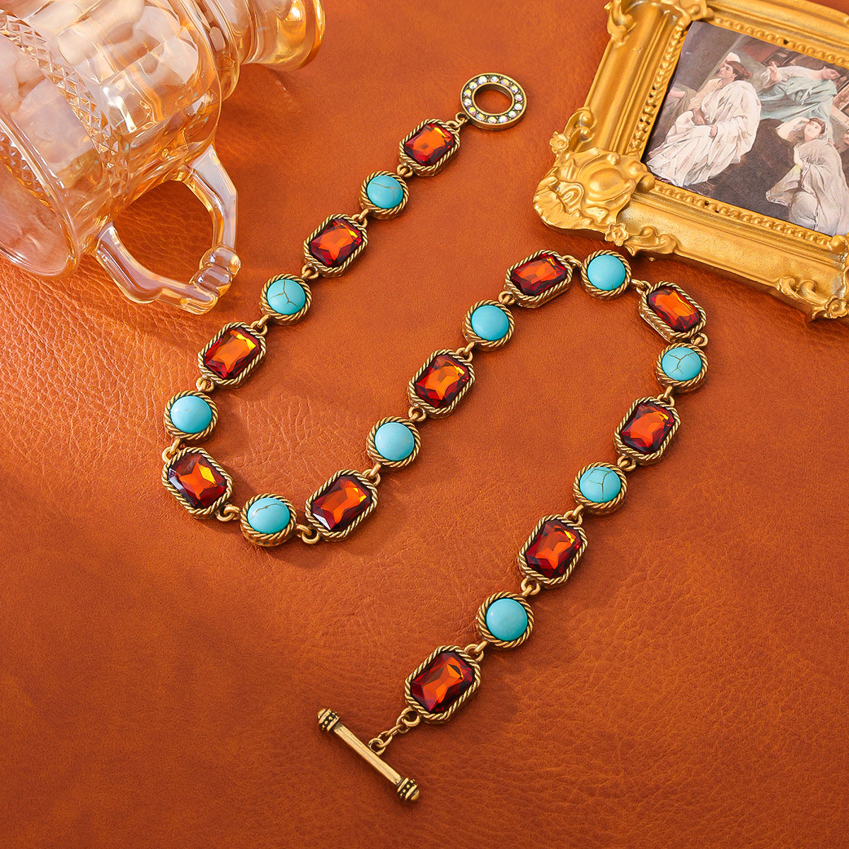 Vintage Turquoise Tea Color Necklace Round and Square Shaped Inlaid with Diamonds Layered Necklace, Palace Style Retro Jewelry Set Vintage Turquoise Necklace Jewelry